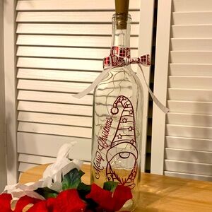 Merry Christmas gnome, iridescent wine, bottle lantern